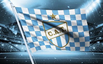 4k, Atletico Tucuman logo, Argentina football club, stadium flag, Atletico Tucuman fans flag, blue white flag, Atletico Tucuman emblem, Argentina Primera Division, Argentina, football, Atletico Tucuman