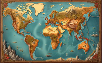 Retro world map, all continents map, world map concepts, ocean, continents, landscape map, world map