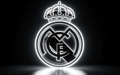 4k, شعار ريال مدريد متوهج, الدوري الاسباني, أضواء النيون البيضاء, كرة القدم, شعار ريال مدريد, ريال مدريد, شعار ريال مدريد ثلاثي الأبعاد, نادي كرة القدم الاسباني, نادي ريال مدريد لكرة القدم