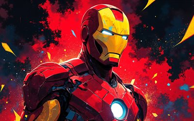 homem de ferro, 4k, pintar arte, quadrinhos da marvel, fundo vermelho grunge, super heróis, arte do homem de ferro, criativo, homem de ferro 4k