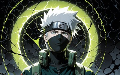 kakashi hatake, 4k, fundo verde preto, escuridão, naruto, sharingan, obra de arte, hatake kakashi, mangá, personagens de naruto, kakashi hatakenaruto