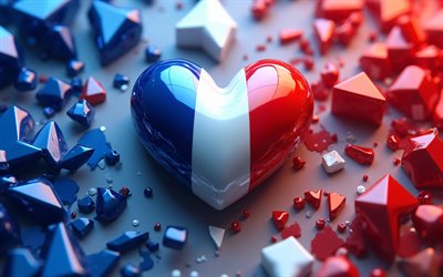 4k, amo francia, de cerca, fondo colorido 3d, bokeh, dia de francia, bandera de francia, corazón con bandera francesa, corazones 3d, bandera francesa, francia, amor por francia
