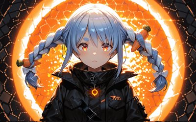 4k, usada pekora, anneaux de feu, obscurité, youtubeur virtuel, fond abstrait orange, carottes, vtuber, créatif, hololive, mangas, chaîne usada pekora, youtubeur virtuel usada pekora