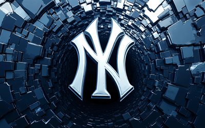 4k, New York Yankees metal logo, creative, blue metal 3D background, MLB, baseball, New York Yankees logo, New York Yankees emblem, New York Yankees 3D logo, american baseball team, New York Yankees, NY Yankees