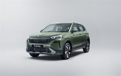 skoda kushaq 2026, 4k, vue de face, extérieur, croisement vert, skoda kushaq verte, nouvelle skoda kushaq 2026, voitures tchèques, skoda