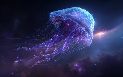 قناديل البحر النيون, 4k, فن الخيال, متوهجة قنديل البحر, galaxy, قنديل البحر في السماء, قناديل البحر النيون المتوهجة الأرجواني, قنديل البحر الخيال