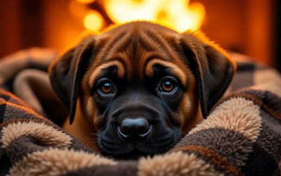 4k, جرو بولماستيف, عن قرب, مدفأة, حيوانات لطيفة, بطانية متقلب, خوخه, الجراء, كلاب, كمامة, بولماستيف, حيوانات أليفة, كلب في بطانية, كلب بولماستيف