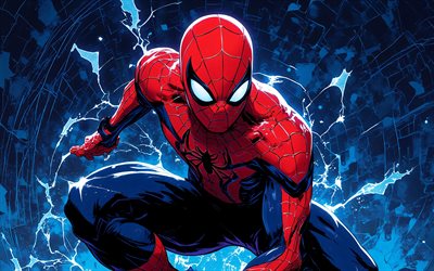 4k, hombre araña, creativo, fondo abstracto azul, superhéroes, cómics marvel, obra de arte, arte del hombre araña, fan art, hombre araña 4k