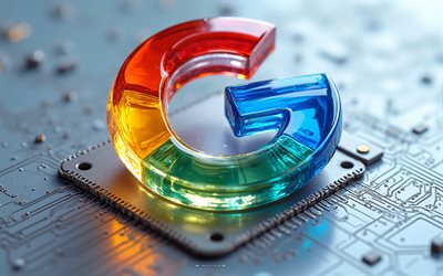 logotipo de vidro colorido 3d do google, 4k, emblema do google, sinal do google, fundo cinza techno, logotipo do google, google