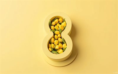 8 mars, 4k, gult 8 mars kort, gula tulpaner, nummer 8 vas, internationella kvinnodagen, 8 mars kort med tulpaner, internationella kvinnodagen gratulationskort, tulpaner, 8 mars koncept