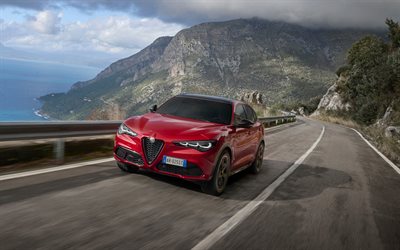 alfa romeo stelvio intensa, 4k, route de montagne, 2026 voitures, croisements, alfa romeo stelvio, extérieur, alfa romeo stelvio 2026, voitures italiennes, alfa roméo