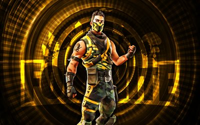 caída mortal fortnite, 4k, fondo espiral amarillo, fortnite, creativo, piel de caída mortal, piel de caída mortal de fortnite, trampa, personajes fortnite