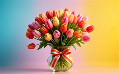 4k, bunte tulpen, glasvase, bunter hintergrund, minimalismus, frühlingsblumen, strauß tulpen, wunderschöne blumen, bunter bogen, frühling, hintergrund mit tulpen, bunte blumen, tulpen