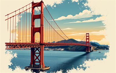pont du golden gate, 4k, art vectoriel, san francisco, usa, créations de t shirts, pont suspendu, porte dorée, baie de san francisco, art du pont du golden gate