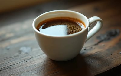 4k, white cup with coffee, macro, aromatic coffee, bokeh, breakfast concepts, wooden table, close-up, white cup, cups, breakfast, cup with coffee