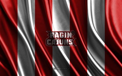 4k, Louisiana Ragin Cajuns logo, NCAA, red white silk texture, Louisiana Ragin Cajuns flag, American football club, silk flag, Louisiana Ragin Cajuns emblem, USA, Louisiana Ragin Cajuns