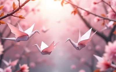 4k, pájaros de papel rosa, origami, colibrí, fondo rosa, colibríes de papel, pájaros hechos de papel rosa