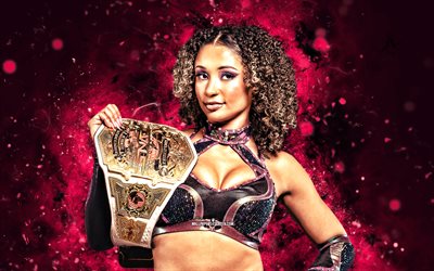 Kelani Jordan, 4k, purple neon lights, WWE, creative, american wrestler, Lea Mitchell, Kelani Jordan with belt, NXT, purple abstract background, World Wrestling Entertainment, wrestlers, Kelani Jordan 4K