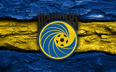 logo in legno dei central coast mariners, 4k, fondo di legno giallo blu, lega a, calcio, logo dei central coast mariners, marinai della costa centrale, squadra di calcio australiana, fc central coast mariners