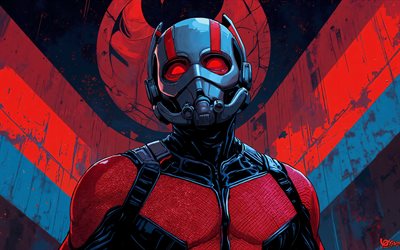 4k, homem formiga, arte grunge, fundo abstrato vermelho, super heróis, quadrinhos da marvel, arte abstrata, arte do homem formiga, arte dos fãs