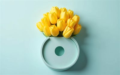 8 mars gratulationskort, 4k, 8 mars, internationella kvinnodagen, gula tulpaner, 8 med blommor, tulpaner, 8 mars koncept