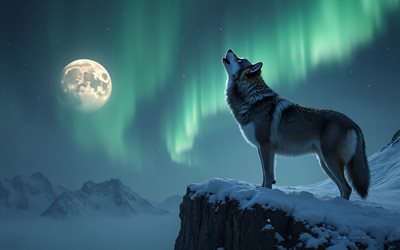lobo uivando para a lua, aurora boreal, paisagem de inverno, norte, lobo, predador, lua, lobos, animais selvagens
