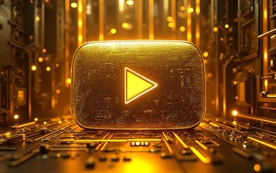 4k, goldener youtube button, dunkelheit, goldener 3d hintergrund, bokeh, youtube metalllogo, soziales netzwerk, marken, youtube 3d logo, kunstwerk, youtube logo, youtube