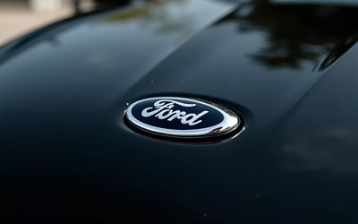 Ford logo, 4K, blue hood, Ford sign, Ford emblem, Ford logo on a blue hood, American cars, Ford