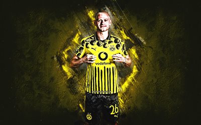 Julian Ryerson, Borussia Dortmund, BVB, Norwegian footballer, yellow stone background, grunge art, Bundesliga, Germany, football, Julian Ryerson Borussia Dortmund