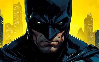 yarasa adam, 4k, sarı şehir manzarası, dc çizgi romanları, süper kahramanlar, kapatmak, sanat, karanlık, sanat eseri, batman sanatı, hayran sanatı, batman 4k
