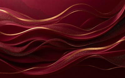 خلفية موجات حمراء, 4k, خلفية حمراء أنيقة مع الأمواج, خلفيات موجة أنيقة, خلفية موجات بورجوندي, خطوط الذهب, خلفية الأمواج