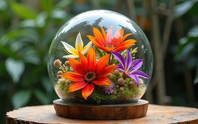 blumendekoration in einer glaskugel, tropische blumen, glaskolben, blumendekoration, orangefarbene tropische blumen, grünes moos, schöner blumenstrauß, blumen unter glas