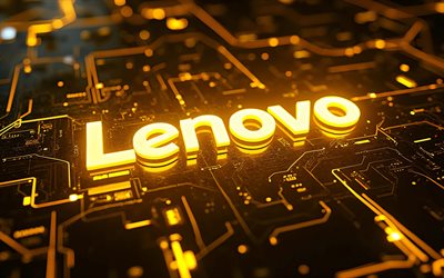 lenovo gelbes neonlogo, 4k, bokeh, gelber high tech hintergrund, mikroschaltungen, dirigenten, elektronikmarken, kreativ, lenovo logo auf mikroschaltung, marken, leuchtendes lenovo logo, kunstwerk, lenovo logo, lenovo