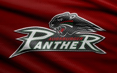 logo en tissu augsburger panthère, 4k, fond de tissu rouge, del, bokeh, hockey, logo de la panthère d'augsbourg, emblème de la panthère augsburger, équipe allemande de hockey, panthère d'augsbourg