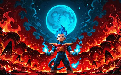 4k, Vegeta, fire flames, Dragon Ball, blue moon, Super Saiyan Vegeta, Prince Vegeta, anime characters, Dragon Ball Z, Vegeta DBZ, Dragon Ball characters