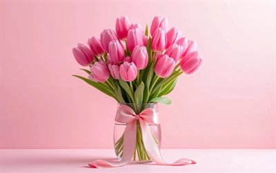 4k, الزنبق الوردي, فن الأزهار, تقليلية, مزهرية زجاجية, خلفية وردية, زهور الربيع, باقة من زهور التوليب, زهور جميلة, القوس الوردي, ربيع, الخلفية مع زهور التوليب, الزهور الوردية, زهور التوليب