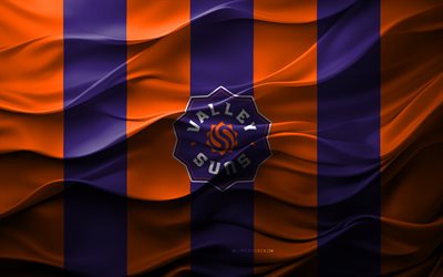4k, logo des suns de la vallée, fond 3d violet orange, emblème des valley suns, ligue nba g, équipe américaine de basket ball, drapeau des suns de la vallée, textures 3d, soleils de la vallée, basket ball, usa