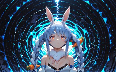 4k, usada pekora, anillos de neón azules, oscurece, youtuber virtual, fondo abstracto azul, zanahorias, vtuber, creativo, hololive, manga, canal usada pekora, youtuber virtual usada pekora
