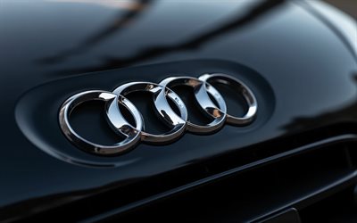 Audi logo, 4K, black hood, Audi sign, Audi emblem, Audi logo on a blue hood, German cars, Audi
