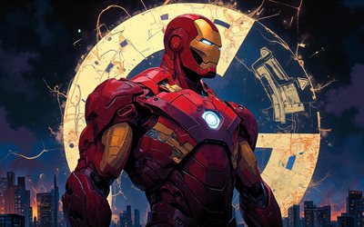 Iron Man, 4k, skyline cityscape, abstract moon, Marvel Comics, night, superheroes, abstract art, Iron Man Art, creative, nighscape, Iron Man 4K, IronMan