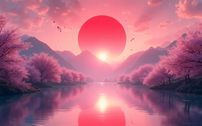 bandera japonesa, atardecer, paisaje japonés, puesta de sol, hinomaru, sol rojo, bandera de japón, bandera del sol, primavera, flor de cerezo, bandera nacional de japón, nishoki, bandera de japon, japón