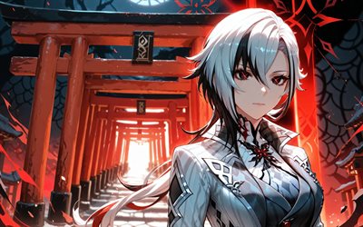 أرليكينو, 4k, بوابة توري, ليلة, تأثير جينشين, عيون حمراء, توري, شخصيات الانمي, عمل فني, شخصيات جينشين إمباكت, تأثير أرليكينو جينشين