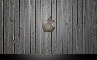 painéis de madeira, maçã, logotipo, fundo cinza