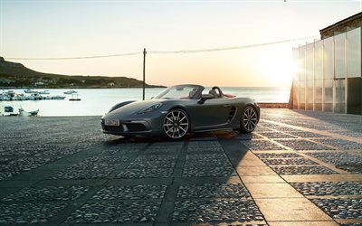 Porsche Boxster, convertible, negro, coche deportivo, bahía, barco de, de la puesta de sol