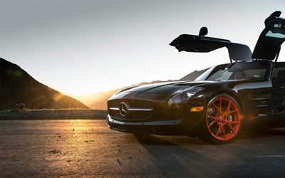 supercars, puesta de sol, 2015, Mercedes-Benz SLS, Mercedes negro, rojo ruedas