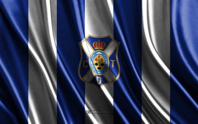 4k, logotipo de cd tenerife, división de segunda, textura de seda blanca azul, bandera de cd tenerife, equipo de fútbol español, fútbol americano, bandera de seda, cd tenerife emblem, españa, insignia de cd tenerife, cd tenerife