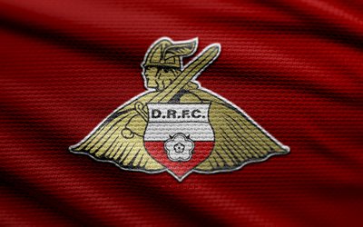 doncaster rovers fc fabric logo, 4k, hintergrund roter stoff, liga zwei, bokeh, fußball, doncaster rovers fc logo, doncaster rovers fc emblem, doncaster rovers fc, englischer fußballverein, doncaster rovers