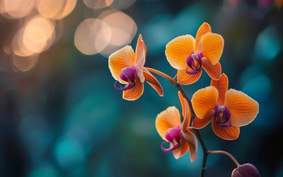 orchidées orange, orchidée de cymbidium, orchidée de bateau, orchidée phalaenopsis orange, fleurs tropicales, branche d'orchidée, belles fleurs, orchidées
