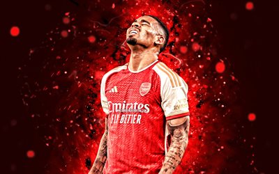 4k, gabriel isa, kırmızı soyut arka plan, arsenal fc, premier lig, brezilyalı futbolcular, gabriel jesus 4k, kırmızı neon işıklar, futbol, gabriel jesus arsenal