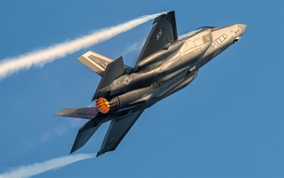 Lockheed Martin F-35 Lightning II, US Air Force, ground view, F-35 in the sky, supersonic stealth strike fighters, american fighter, F-35, USA